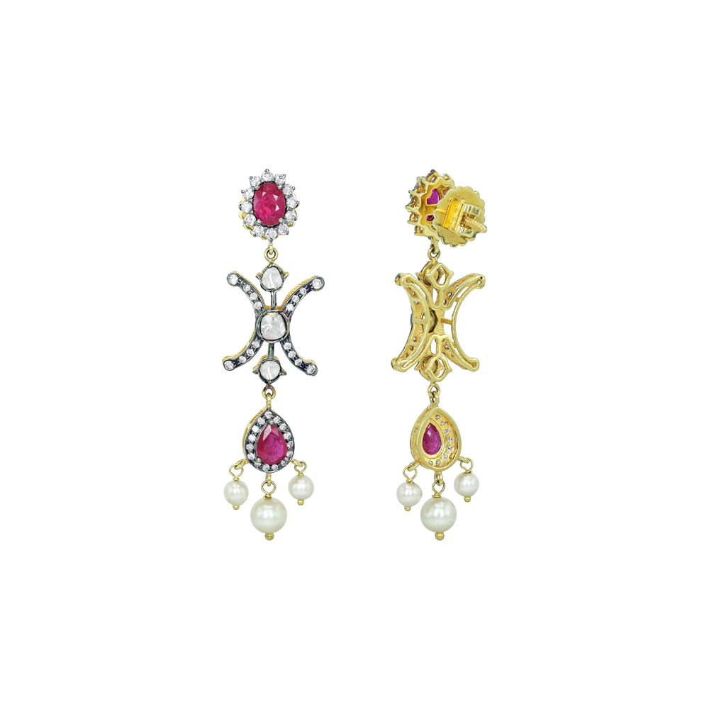Antique-Finish Earrings with Ruby, Diamonds Polki, and Pearls